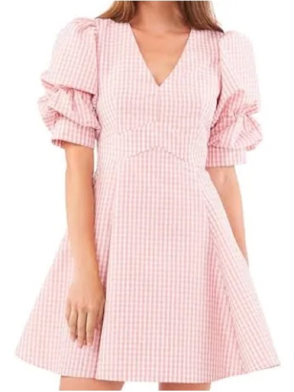 1. State Pink Gingham V-Neck Puff Sleeve Mini Dress